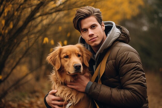 Foto un joven guapo con un golden retriever al aire libre.