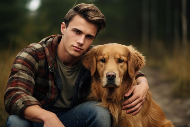 Un joven guapo con un golden retriever al aire libre.