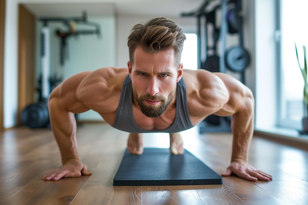 Un joven guapo haciendo flexiones en el gimnasio con IA generada