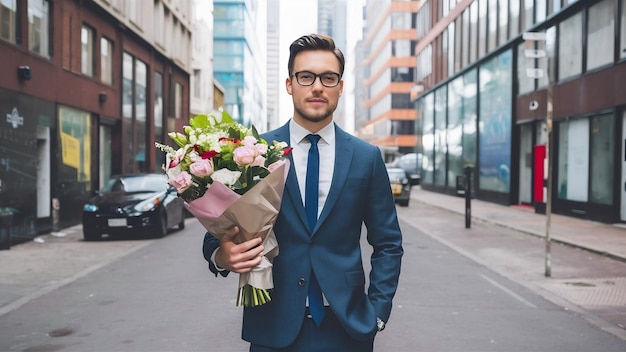 Joven y guapo hombre de negocios entregando un ramo de hermosas flores