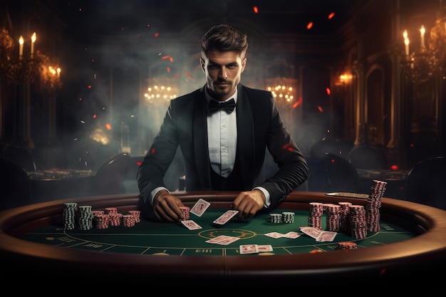 Foto un joven guapo jugando al póquer en el casino concepto del casino el jugador del casino recibe un veintiuno en el blackjack generado por la ia