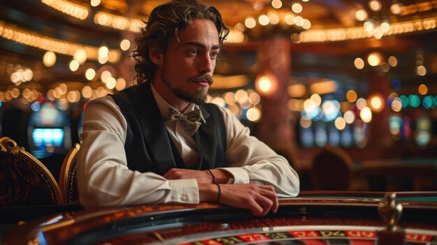 Foto un joven guapo jugando a la ruleta en un casino.