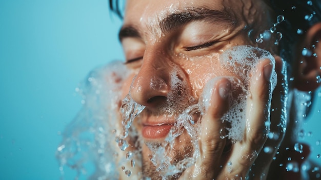 joven guapo lavándose la cara con espuma en el agua