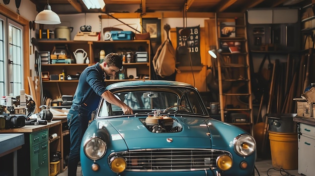 Foto un joven y guapo mecánico trabajando en un coche de época en su garaje lleva un mono azul y un cinturón de herramientas