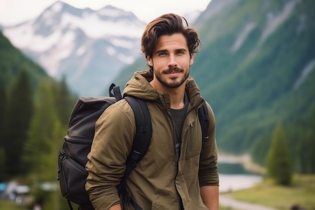 Joven guapo con mochila en el fondo de las montañas