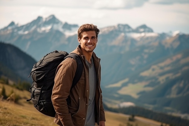 Joven guapo con mochila en el fondo de las montañas