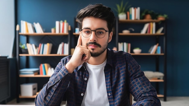 Un joven guapo pensando en Bitcoin aislado en blanco