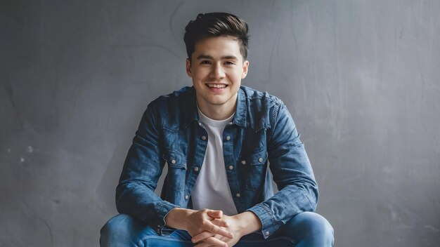 Foto un joven guapo sentado aislado sobre el gris