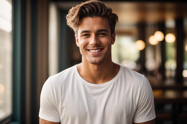 Joven guapo y sonriente con camiseta blanca aislado