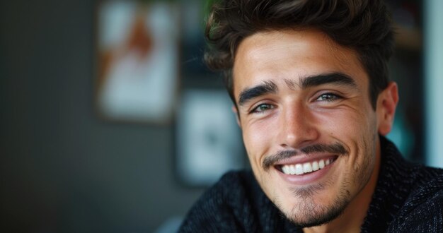 Un joven guapo con una sonrisa cautivadora sentado en un café moderno