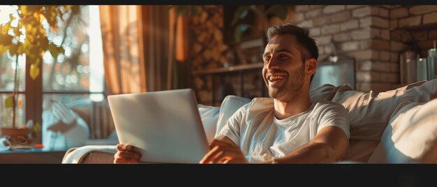 Foto un joven guapo trabaja en su computadora portátil en su sala de estar viendo y riendo de contenido un hombre hispano feliz trabaja en la computadora en un entorno acogedor