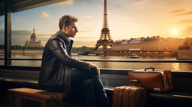 Joven y guapo viajando por París, Francia, con sus maletas.