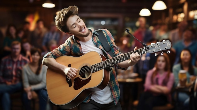 Joven guitarrista hipster tocando la guitarra acústica