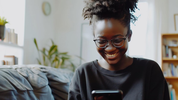 Un joven en una habitación luminosa radiando en un teléfono inteligente agradecido por la forma sin problemas de administrar las tareas personales