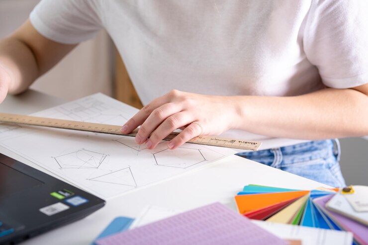 Foto una joven hace su tarea de dibujo mecánico educación en dibujo mecánico dibujos técnicos una joven aprende a dibujar y domina la profesión de dibujante mecánico