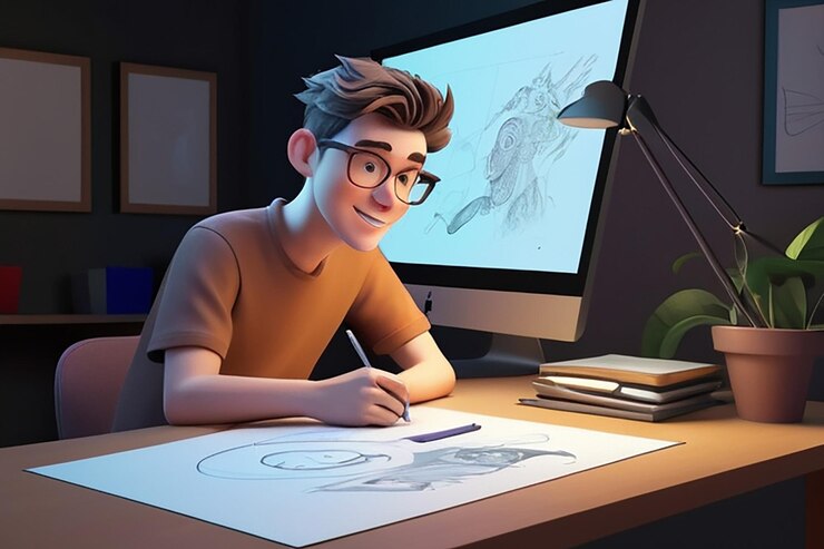 Foto joven haciendo diseño gráfico ilustración de personajes de dibujos animados en 3d