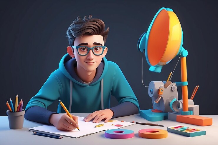 Foto joven haciendo diseño gráfico ilustración de personajes de dibujos animados en 3d