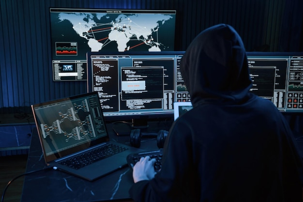 Una joven hacker profesional está en el interior de una computadora con mucha información en las pantallas.
