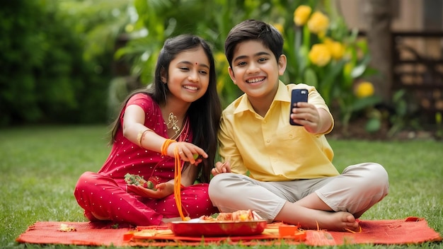 Joven hermano y hermana indios celebrando el raksha bandhan o el festival de rakhi o en bhai dooj o bha