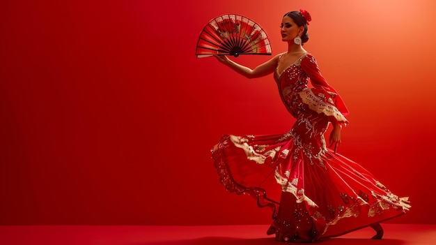 Foto joven y hermosa bailarina de flamenco española en vestido rojo bailando con abanico
