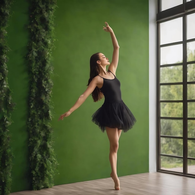 Joven y hermosa bailarina posando en la pared verde