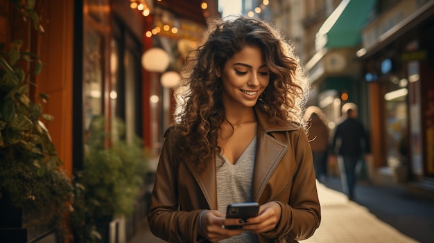 joven hermosa con cabello castaño rizado en ropa elegante y vaqueros usando un teléfono inteligente en una ciudad