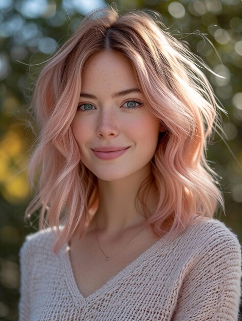 Una joven hermosa con un cabello maravilloso y una sonrisa linda.