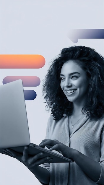 Una joven hermosa con el cabello rizado mostrando una computadora portátil aislada