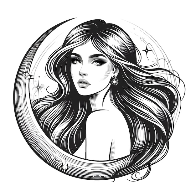 Foto joven y hermosa chica con cabello largo símbolo esotérico de una mujer luna