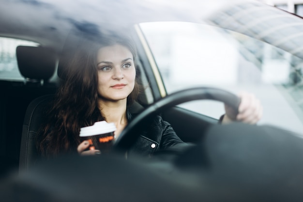 Joven hermosa chica conduciendo un coche