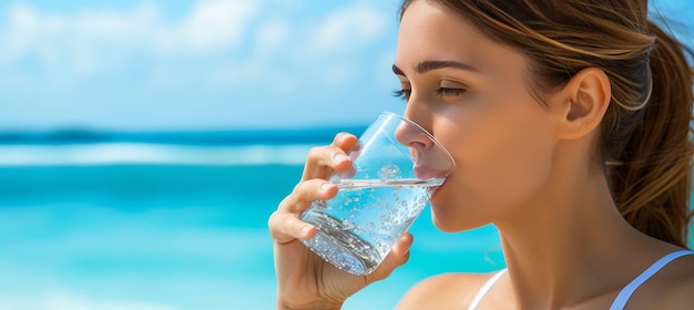 Foto joven y hermosa chica hidratándose con un vaso de agua en un soleado día de verano en la playa