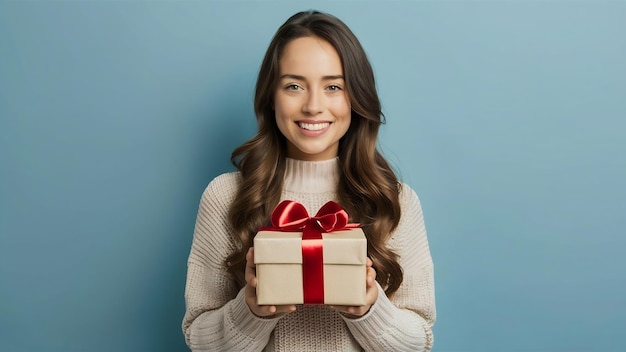 Joven y hermosa chica morena con un cómodo suéter de punto sonriendo sosteniendo una caja de regalos sobre un fondo azul