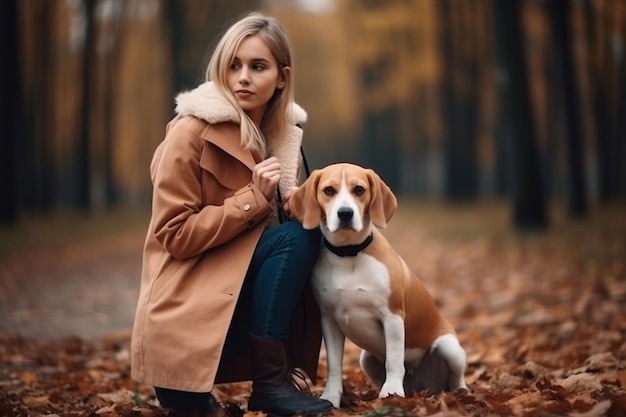 Joven hermosa chica rubia caminando jugando con perro beagle en el parque