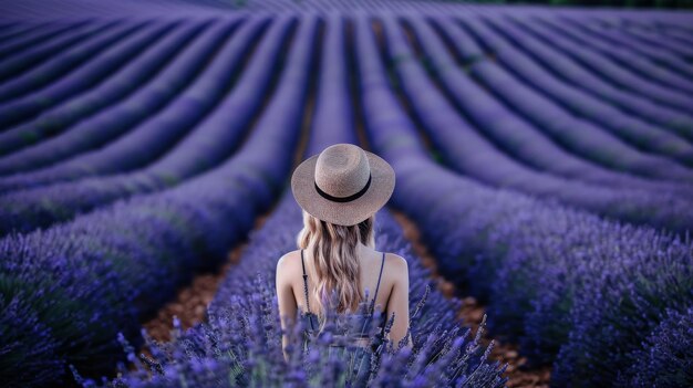 Foto joven y hermosa chica con sombrero y vestido entre el campo de lavanda púrpura la lavanda más hermosa