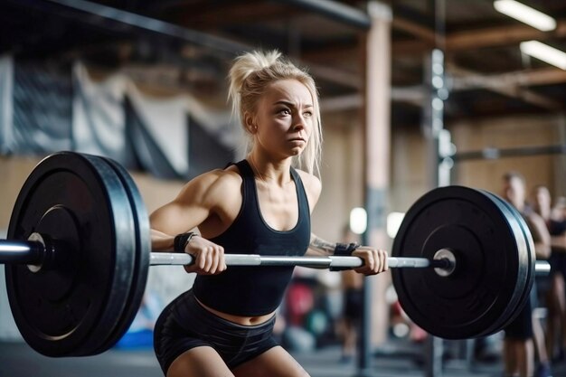 joven hermosa con una constitución atlética en el gimnasio con barra haciendo deportes