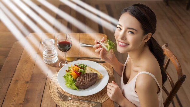 Una joven hermosa disfrutando de una cena saludable