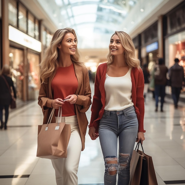 Una joven hermosa y elegante con gafas de sol camina con bolsas de compras multicolores