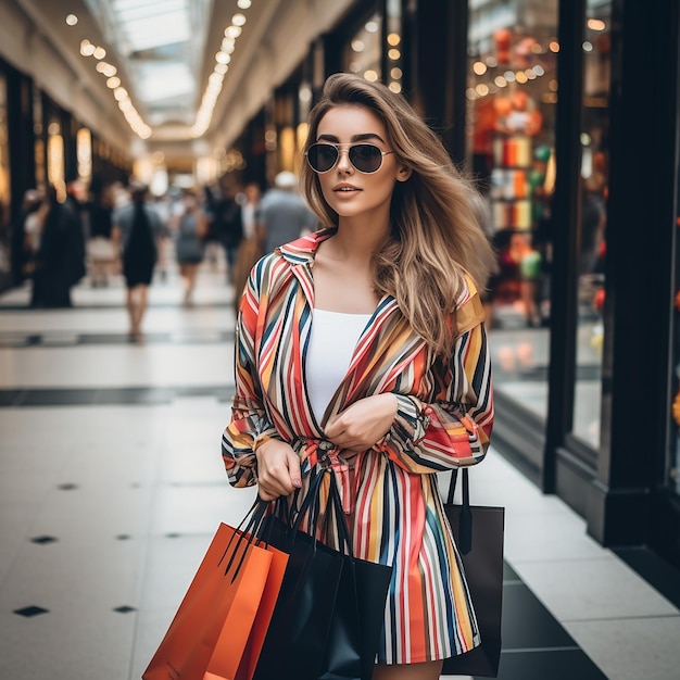 Una joven hermosa y elegante con gafas de sol camina con bolsas de compras multicolores