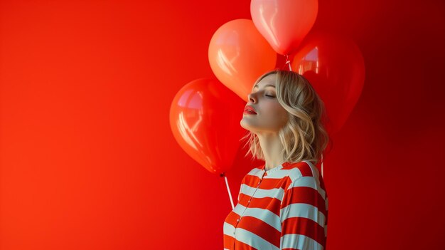 joven hermosa y emocional con globos rojos sobre fondo rojo