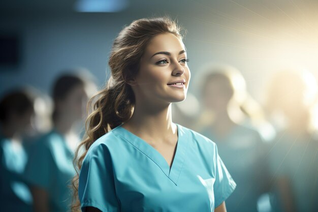 Joven hermosa enfermera titulada futuro médico