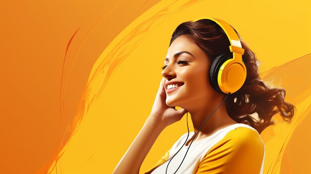 Foto una joven hermosa escuchando música sonriendo riendo de felicidad en un fondo amarillo