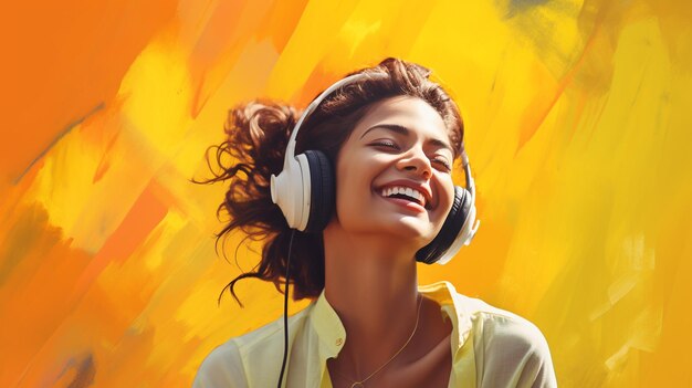 Una joven hermosa escuchando música sonriendo riendo de felicidad en un fondo amarillo