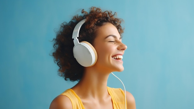 Una joven hermosa escuchando música sonriendo riendo con felicidad Fondo azul