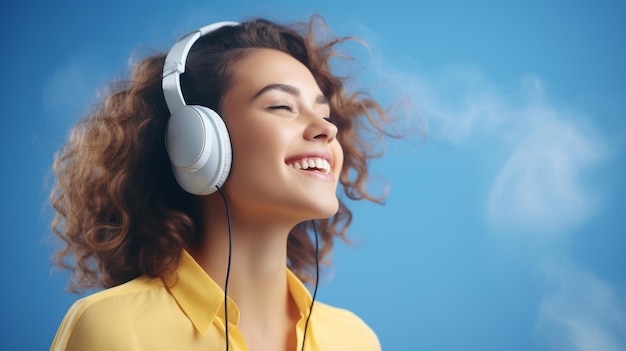 Una joven hermosa escuchando música sonriendo riendo con felicidad Fondo azul