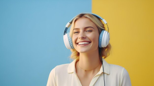 Una joven hermosa escuchando música sonriendo riendo con felicidad Fondo azul