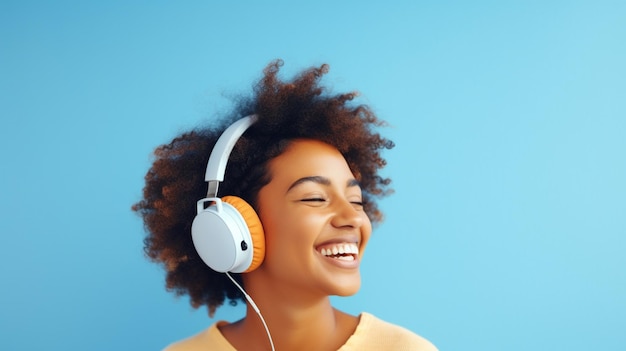 Una joven hermosa escuchando música sonriendo riendo con felicidad Fondo azul