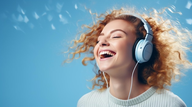 Una joven hermosa escuchando música sonriendo riendo con felicidad Fondo azul