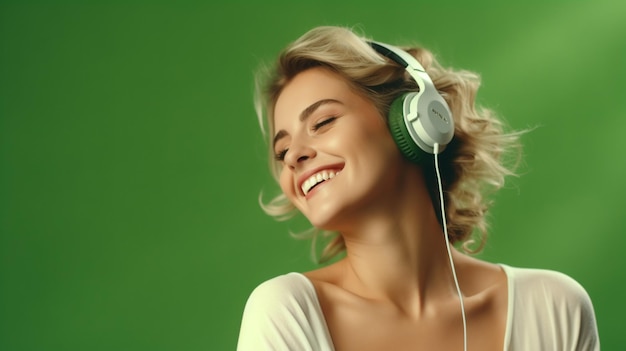 Una joven hermosa escuchando música sonriendo riendo de felicidad en un fondo verde