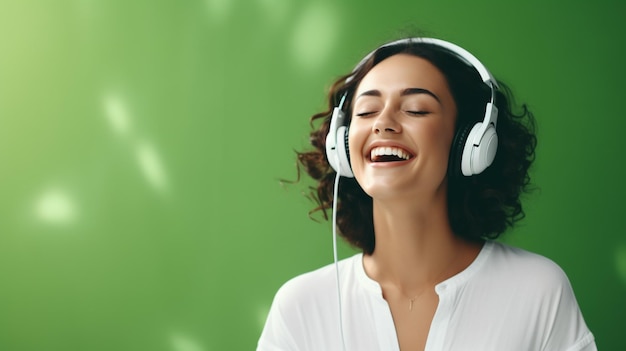 Una joven hermosa escuchando música sonriendo riendo de felicidad en un fondo verde