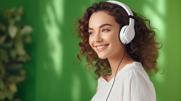 Una joven hermosa escuchando música sonriendo riendo de felicidad en un fondo verde